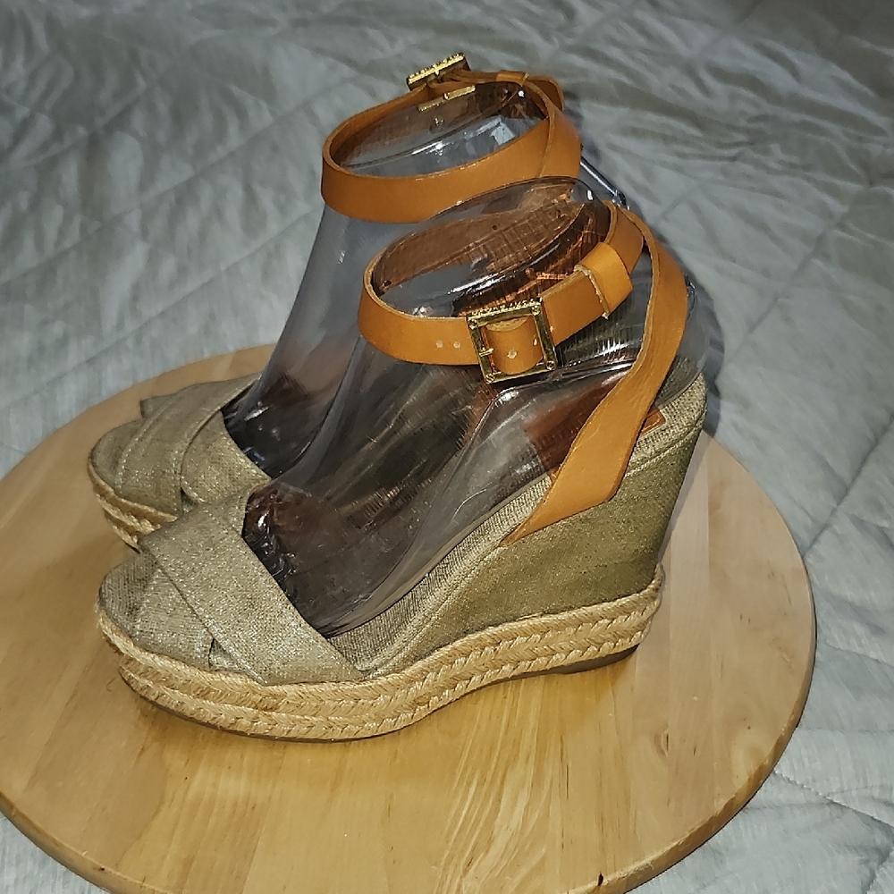 Tory Burch Espadrille Wedge Sandals Taupe Women's Tan Leather Straps Wedge Sz 8